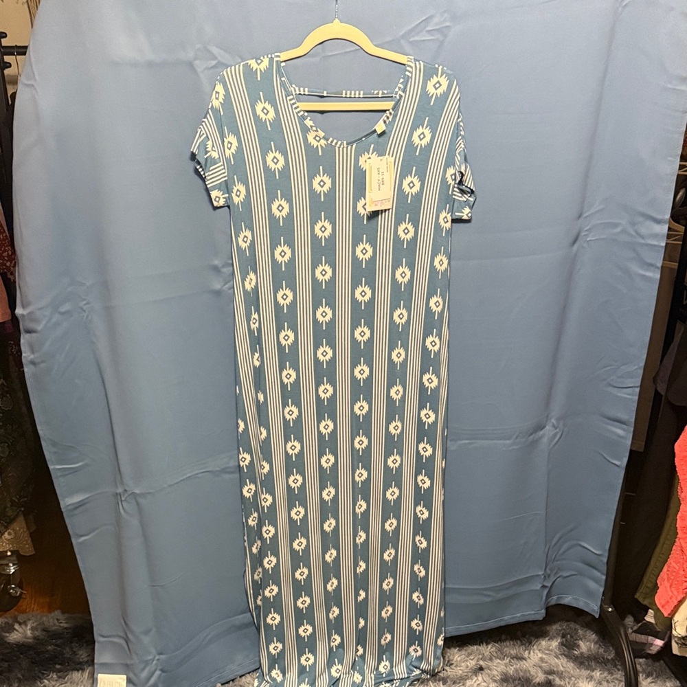 LuLaRoe Blue and White Patterned Maxi Dress